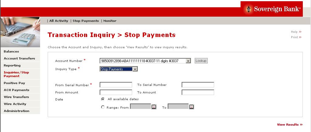 Select Stop Payment from Inquiry Type from the drop-down menu. 3.