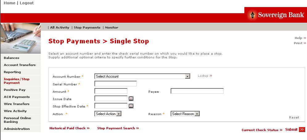 Single Stop Follow the steps below to place or cancel a stop payment request. 1. From the left-hand navigation, select Inquiries/Stop Payments. 2.