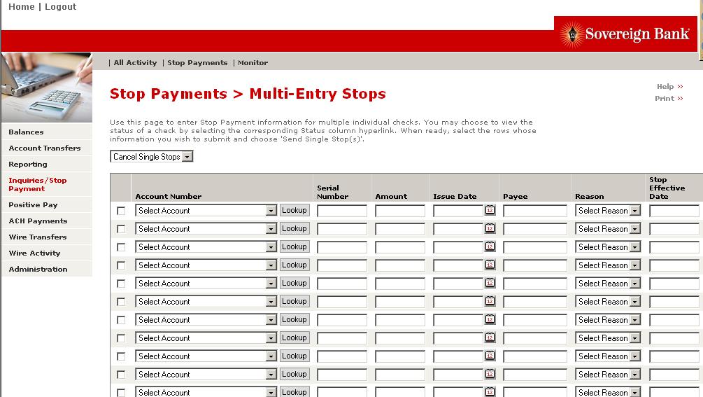 3. Select Action from the drop-down menu. Cancel Single Stops will place a stop payment on each item. 4. Select the Account Number from the drop-down menu. 5.