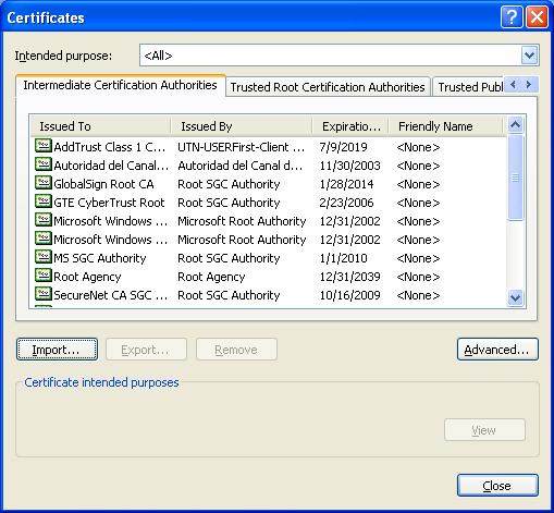 7. The Certificate window should still be open. Select the Intermediate Certification Authorities tab. 8. Then press the Import button.