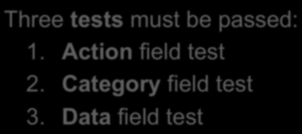 Intent types: Intent Resolution The Intent resolution process resolves the Intent-Filter that can handle a given Intent (e.g. ACTION_ECHO). Three tests must be passed: 1. Action field test 2.