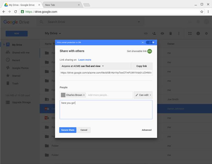 Virtru s Google Drive Protection Control While the Zix SMB Gateway leverages a traditional portal-based approach to email protection, Virtru offers a more