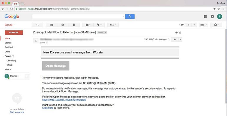 Zix Message Seen by Gmail Recipients After account creation, their secure messages will be available only via this portal;