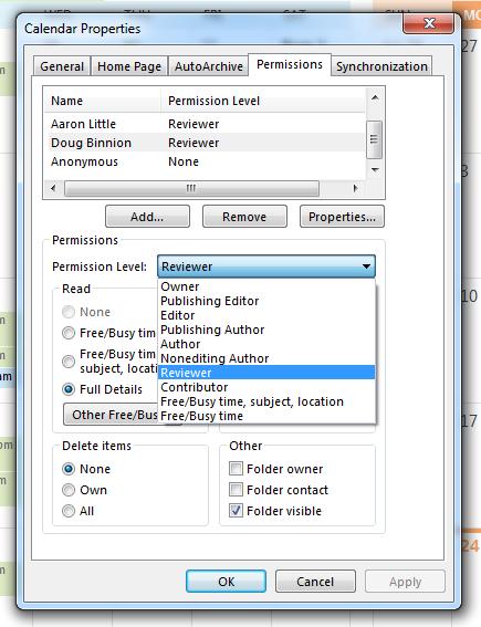 Editing Calendar Permissions 1. Right-click Calendar under My Calendars then select Properties 2. Click the Permissions tab.