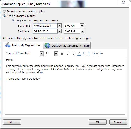 Automatic Replies 1. Click File from the top menu, then click Automatic Replies (Out of Office) 2.