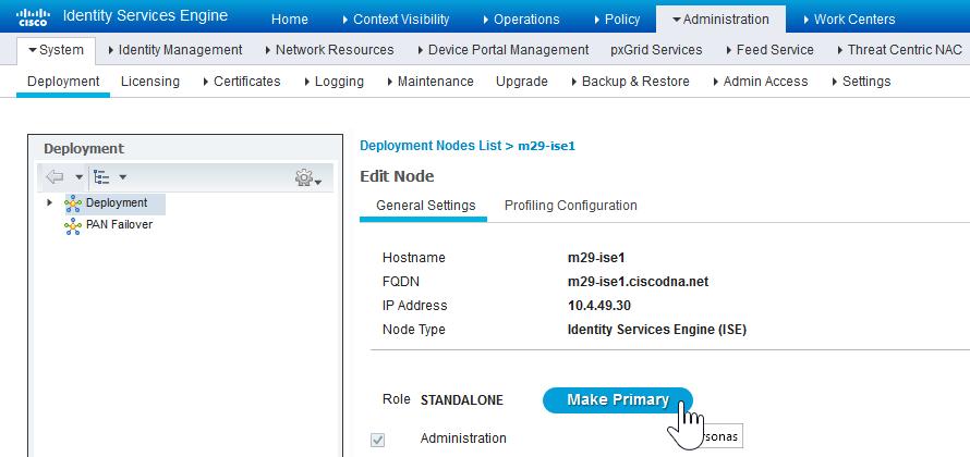 Step 3: Click on the ISE node hostname, and then under Role,