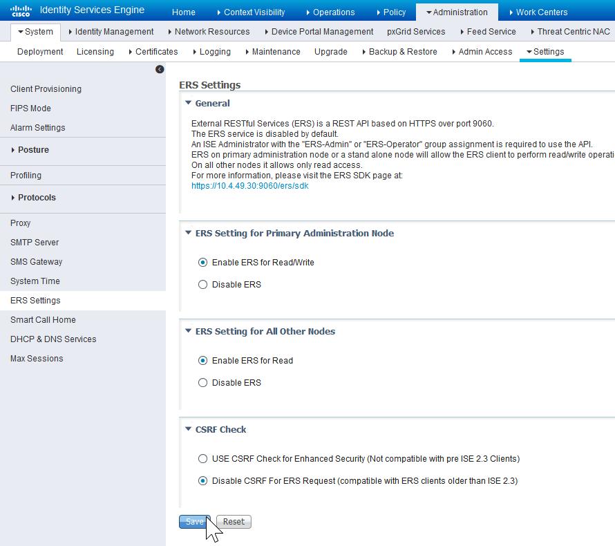Step 8: Navigate to Administration > System > Settings, on the left pane navigate to ERS Settings, under ERS Setting for Primary Administration Node select Enable ERS for