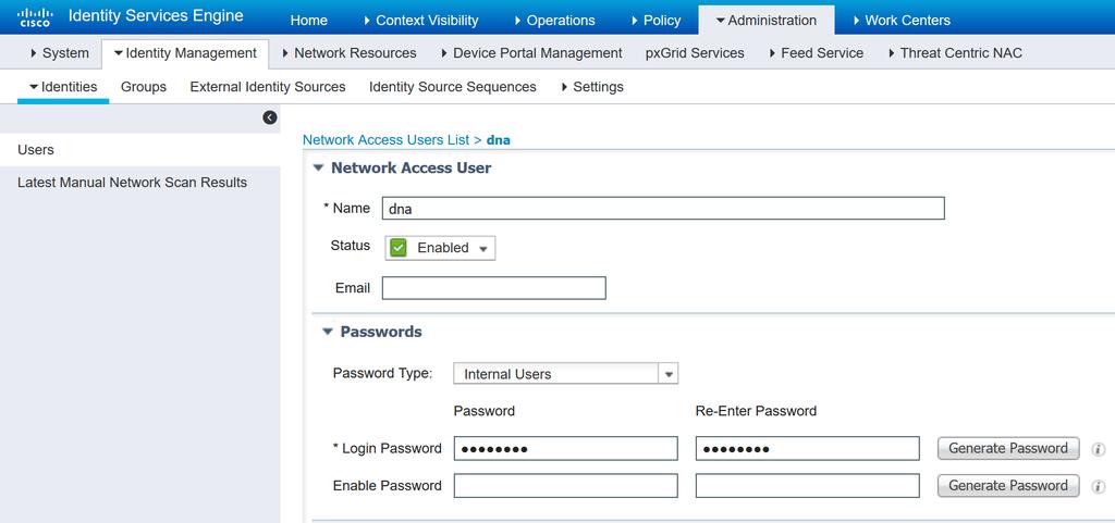 Step 1: Login to ISE, navigate to Administration > Identity Management > Identities, click +Add, enter the Name (matching what was used for DNA Center discovery), enter the associated Login Password