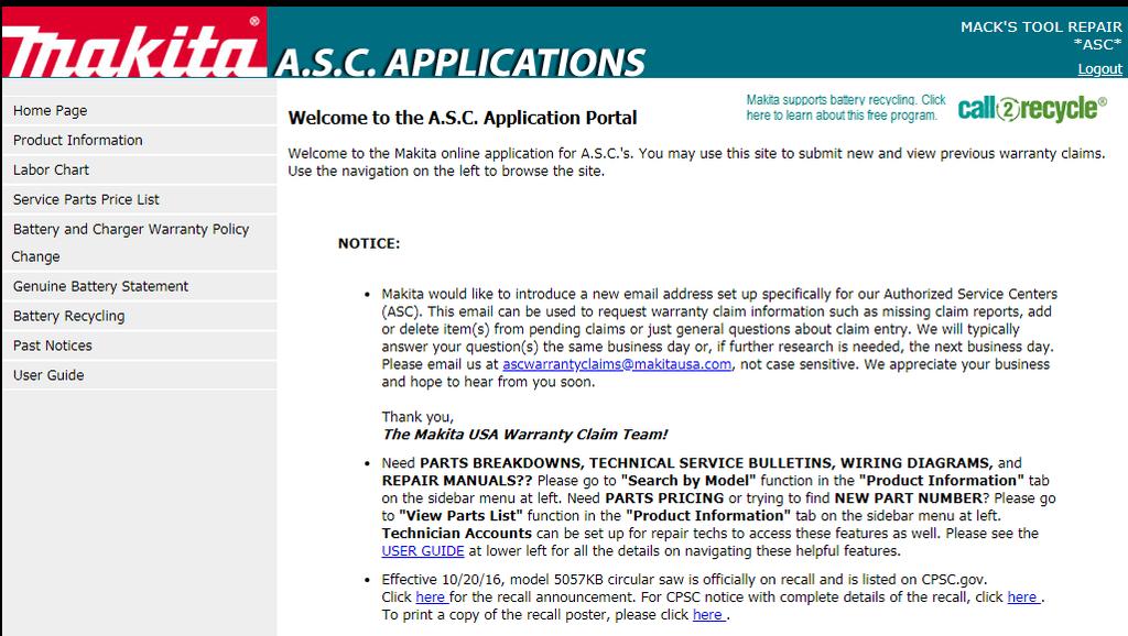 Technician User Guide 1) Access the ASC Portal: https://webapps.makita.