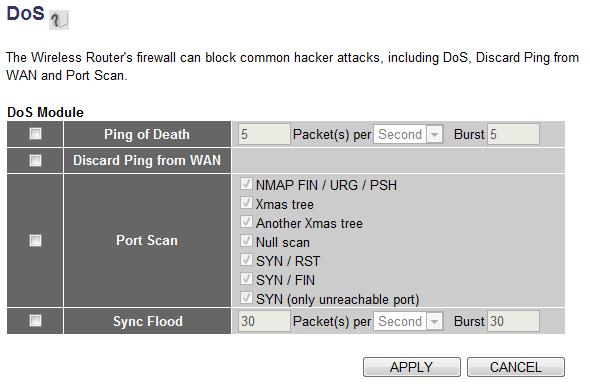 Port Scan Sync Flood you activate this function, you will not be able to ping your own router from internet, too.