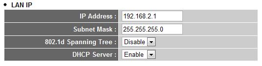 3 3 2 LAN IP Item Name Description IP address Please input the IP address of this router. Subnet Mask Please input subnet mask for this network. 802.1d Spanning Tree If you wish to activate 802.