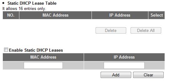 3 3 4 Static DHCP Leases If you wish to assign a fixed IP address to certain computers / devices by DHCP, you can use this function to establish a MAC to IP address table here, so you can assign a