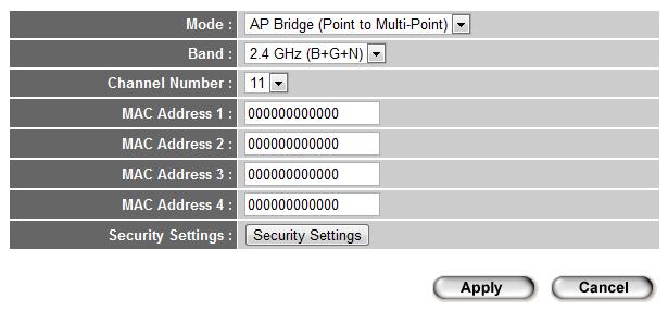 3 4 1 4 AP Bridge: Point to Multi Point In this mode, you can use this broadband router as a wireless network bridge and let all computers connected to the LAN ports of all wireless access points to