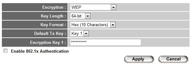 WEP Select WEP to enable WEP (Wired Equivalent Privacy) encryption: Here are descriptions of every setup items: Item Name Key Length Key Format Default Tx Key Encryption Key Enable 802.