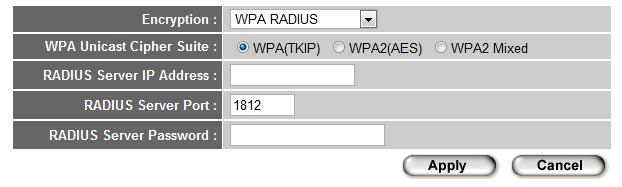 WPA RADIUS If you have RADIUS authentication server on your local network, you can authenticate the wireless clients by RADIUS server s user database.