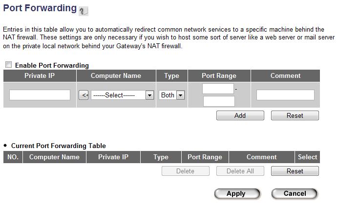3 6 1 Port Forwarding This function allows you to redirect a single port or consecutive ports of Internet IP address to the same port of the IP address on local network.
