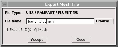 Procedure BASIC TURBO MODEL WITH UNSTRUCTURED MESH Step 13: Export the Mesh and Exit GAMBIT 1. Export a mesh file. a) Open the Export Mesh File form.