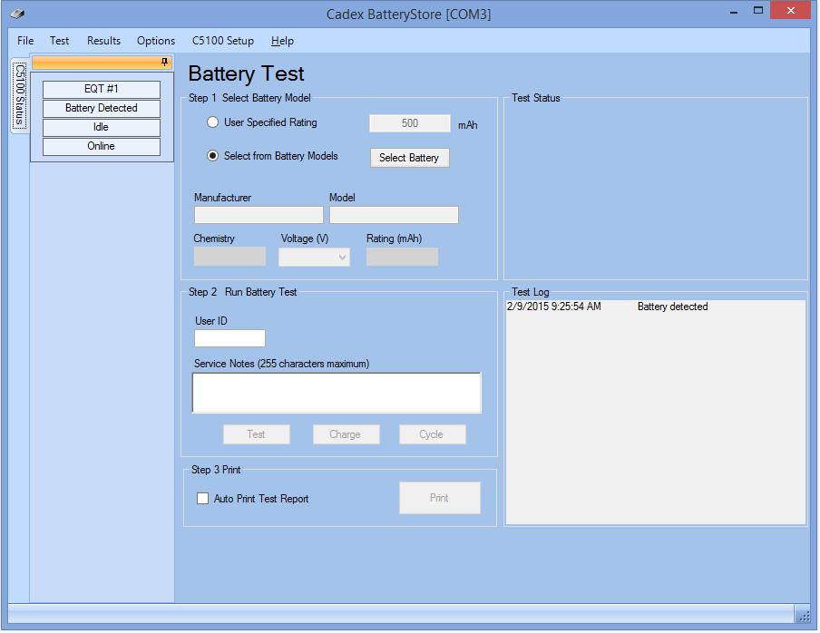 Battery Test Methods Test Charge Cycle Performs rapid battery tests using either Cadex s QuickSort 3.0 or QuickSort. Classifies batteries into four ranges Good, Fair, Low, or Poor.