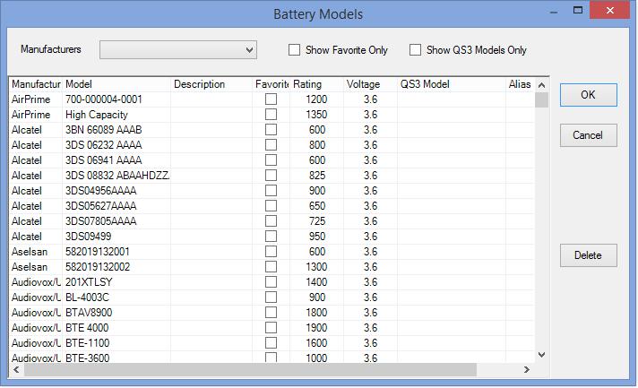 In the Select from Battery Models option, click Select Battery. The Battery Models window appears.