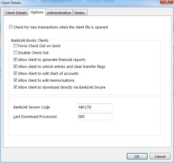 BankLink Practice displays the Client Details window 3 Select the Options tab 4 Enable the Allow client to download directly via BankLink Secure check box BankLink Practice displays the BankLink