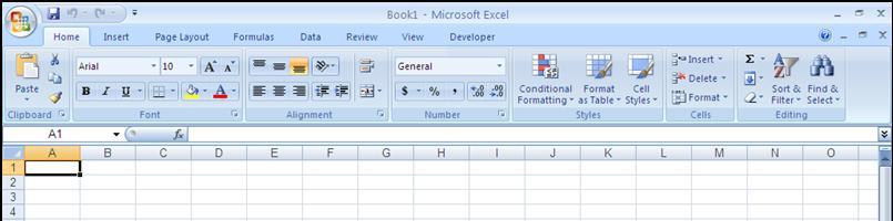 Excel 2007 Introduction 1 Office button Quick Access Toolbar Tabs with Ribbon below AutoSum Help Row Headers button Name Box Insert Function Formula Bar Column Headers The primary purpose of a