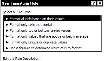 Creating a Customized Rule If you do not want to use one of Excel's preformatted rules, you can create your own using the New Formatting Rule dialog box. 1.