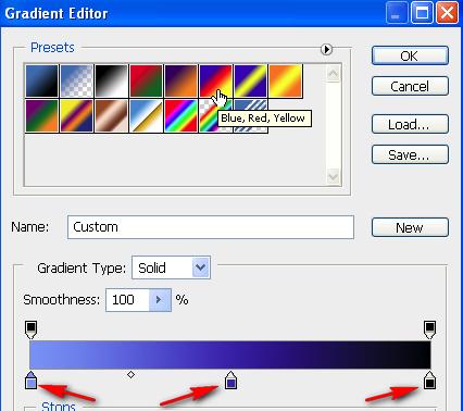 Now, select the Gradient tool (hiding under the Paint Bucket) and click on the Gradient editor on the Options bar. 5.