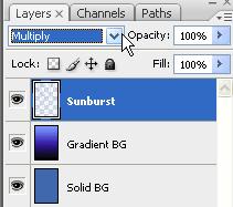 Set foreground color to pale blue and then stamp one of the starburst brushes onto the Sunburst layer.