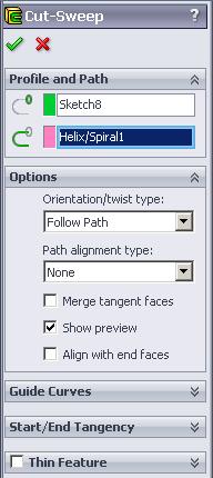 T. Sweep Cut Helix. Step 1. Click Features Step 2. Click Swept Cut on the Command Manager toolbar.