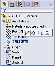 F. Guide Curve 1 Step 1. Click Right Plane in the Feature Manager and click Sketch from the Content toolbar, Fig. 12. Step 2. Click Normal To on the Standard Views toolbar. (Ctrl-8) Step 3.