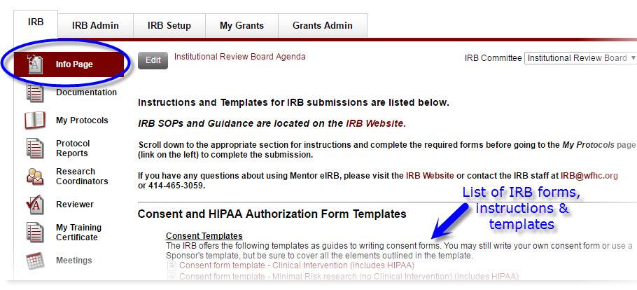 4 Submissions 4.1 New Study Creating a new protocol in Mentor 1. After logging into Mentor, all of the IRB forms are located on the IRB info page. 2.