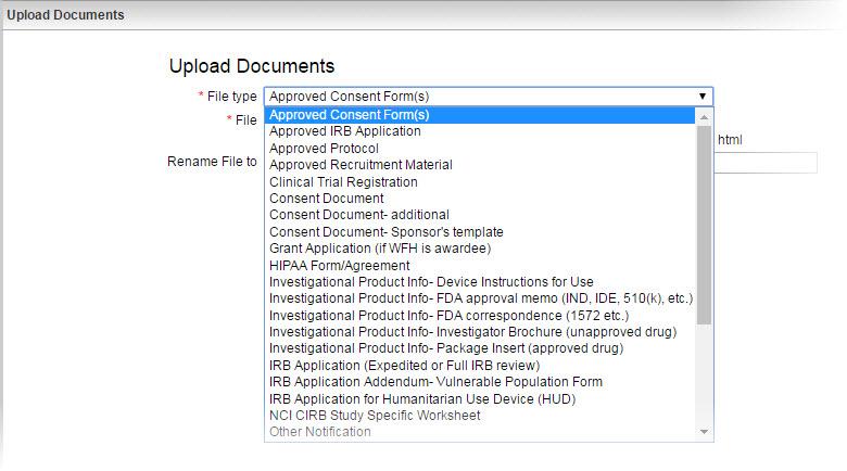 In Upload Documents pop up, choose a file type from the drop down menu (IRB application, questionnaire, advertisement, additional consent, etc.).