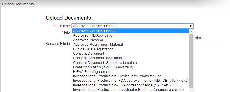Follow the steps below to submit additional documents 1.  There are gray buttons on top of the Protocol Summary page. To upload a new document, click the Upload Docs button. 3.
