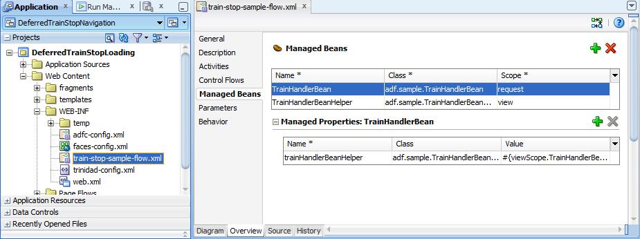 Shown below is the managed bean configuration for the TrainHandlerBean.