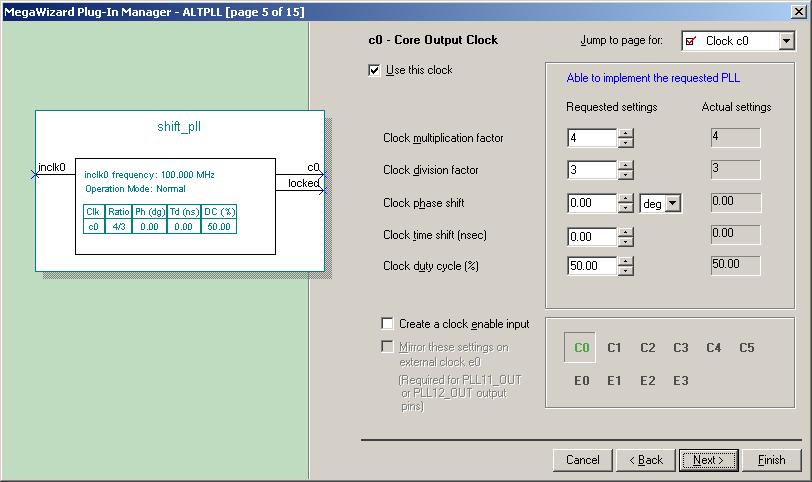 altpll Megafunction User Guide Design Example 2: Generating Clock Signals 16. On page 5, set the Clock division factor to 3 in the Requested settings section. See Figure 20. 17.