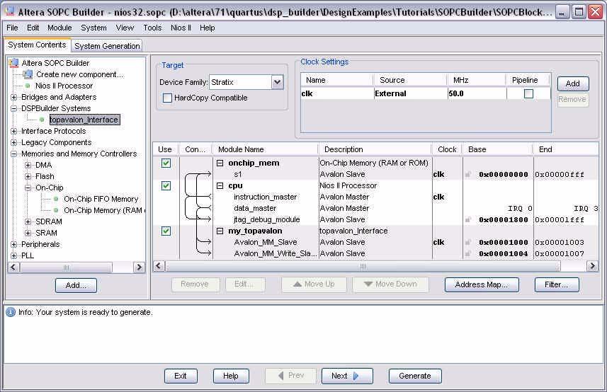Using the Interfaces Library 8. Expand DSPBuilder Systems in the System Contents tab and double-click the topavalon_interface module to include it in your Nios II system (Figure 7 13). Figure 7 13.