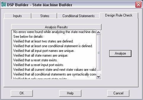 State Machine Walkthrough Figure 8 6. State Machine Builder Design Rule Check Tab 9. To save the changes made to your state machine, click OK.