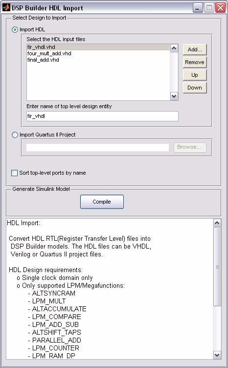 HDL Import Walkthrough Figure 9 1. HDL Import Dialog Box 10. Ensure that fir_vhdl is specified as the name of the top-level design entity. The fir_vhdl.