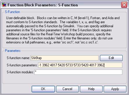 Using Black Boxes for Non-DSP Builder Subsystems 3. Double-click the S-function block to display the Function Block Parameters: S-function dialog box (Figure 9 8). Figure 9 8.
