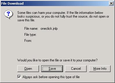 Chapter 7: Starting OneClick client Figure 7-1: Error: oneclick.jnlp File Download Dialog 4.