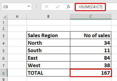 As you can see the function is: =SUM(C4:C7) This function tells Excel to sum the values in