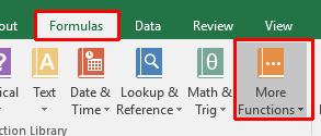 Click on the More Functions icon (contained within the Function Library section of the Formulas tab).