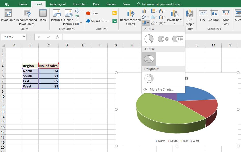Excel 2016 Foundation Page 135 Inserting a pie chart Click on the Pie Chart worksheet tab at the bottom of your screen. Click within the table of data.