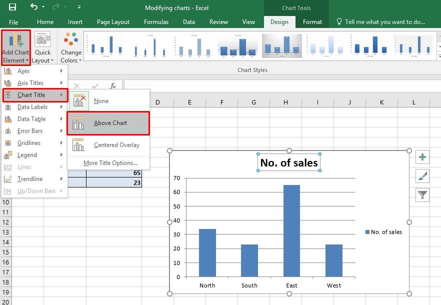 Excel 2016 Foundation Page 138 Select the required option from the drop down list displayed, such as Above Chart. Your chart title is once again displayed.