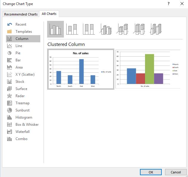 Excel 2016 Foundation Page 146 This will display the Change Chart Type dialog box.