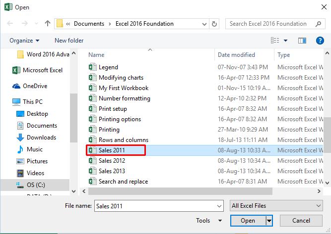 Navigate to the folder called Excel 2016 Foundation, (under the Documents folder), containing your sample files.