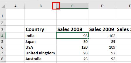 Modifying column widths using 'drag and drop' Move the mouse pointer to the line between the header for column B and column C, as illustrated below.
