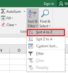 Filter button. Click on the Sort A to Z option.