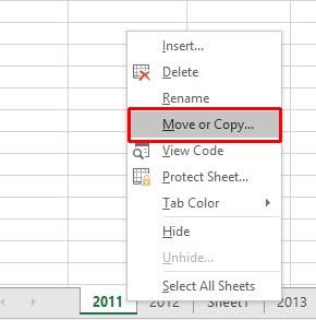 Excel 2016 Foundation Page 71 Moving a worksheet within a workbook Select the 2011 tab. Right click on the tab and from the popup menu displayed select the Move or Copy command.