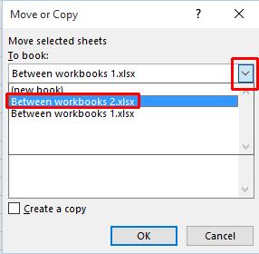 Excel 2016 Foundation Page 73 Click on the down arrow in the To book section of the dialog box. From the drop down list, select the workbook called Between workbooks 2, as illustrated below.